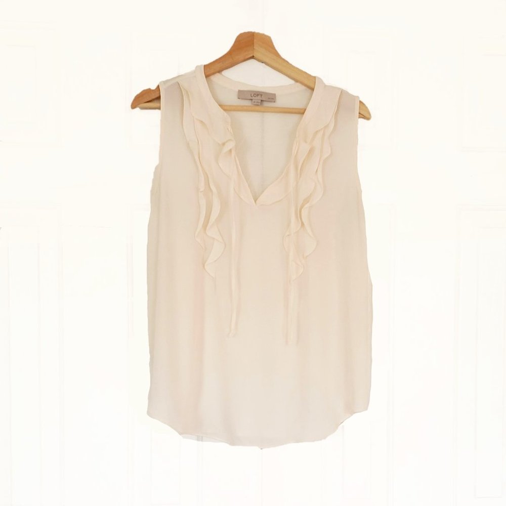 Loft Flowy Cream-White Blouse - Sleeveless Ruffle Front - Size MP
